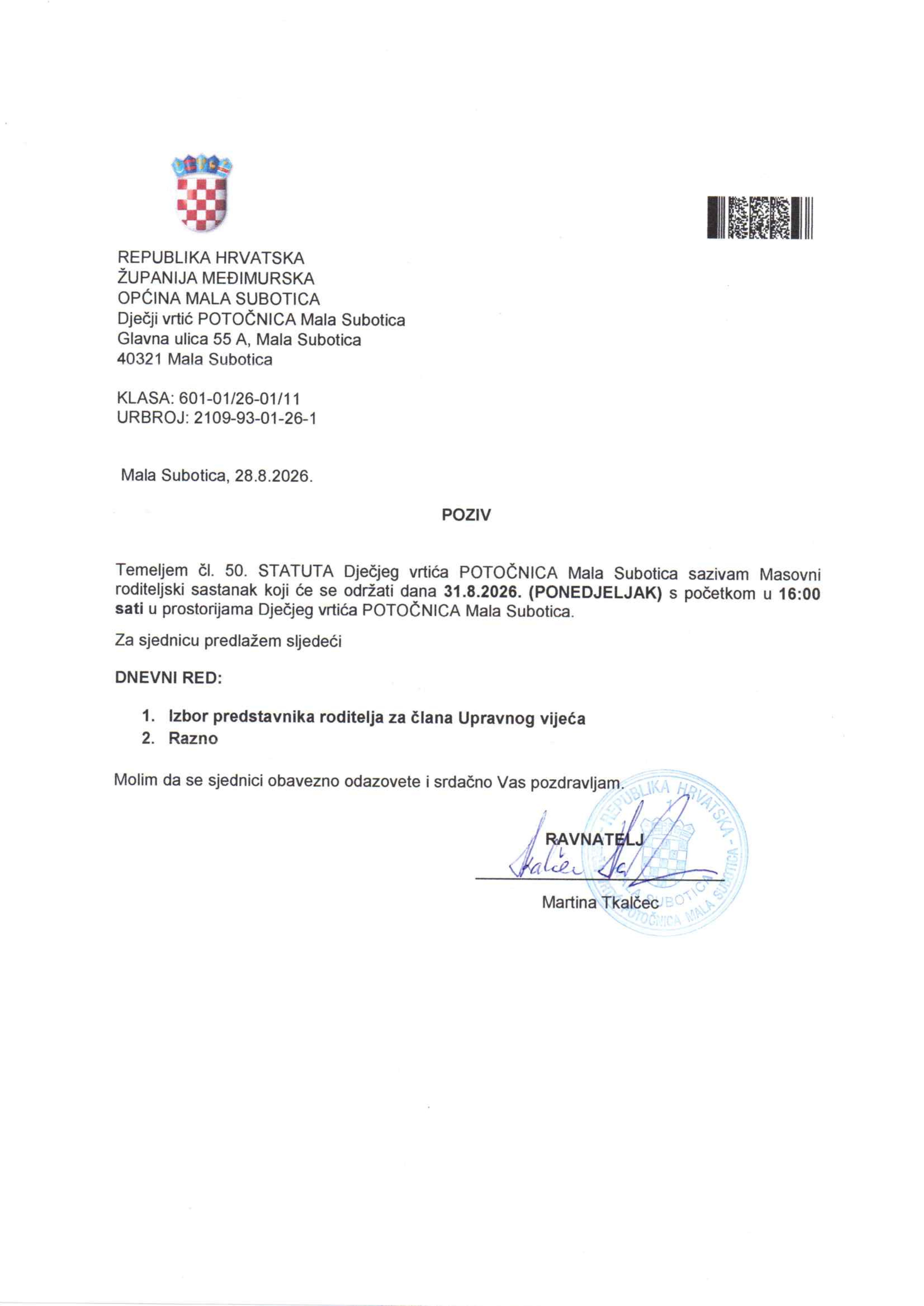 POZIV ZA MASOVNI RODITELJSKI SASTANAK
